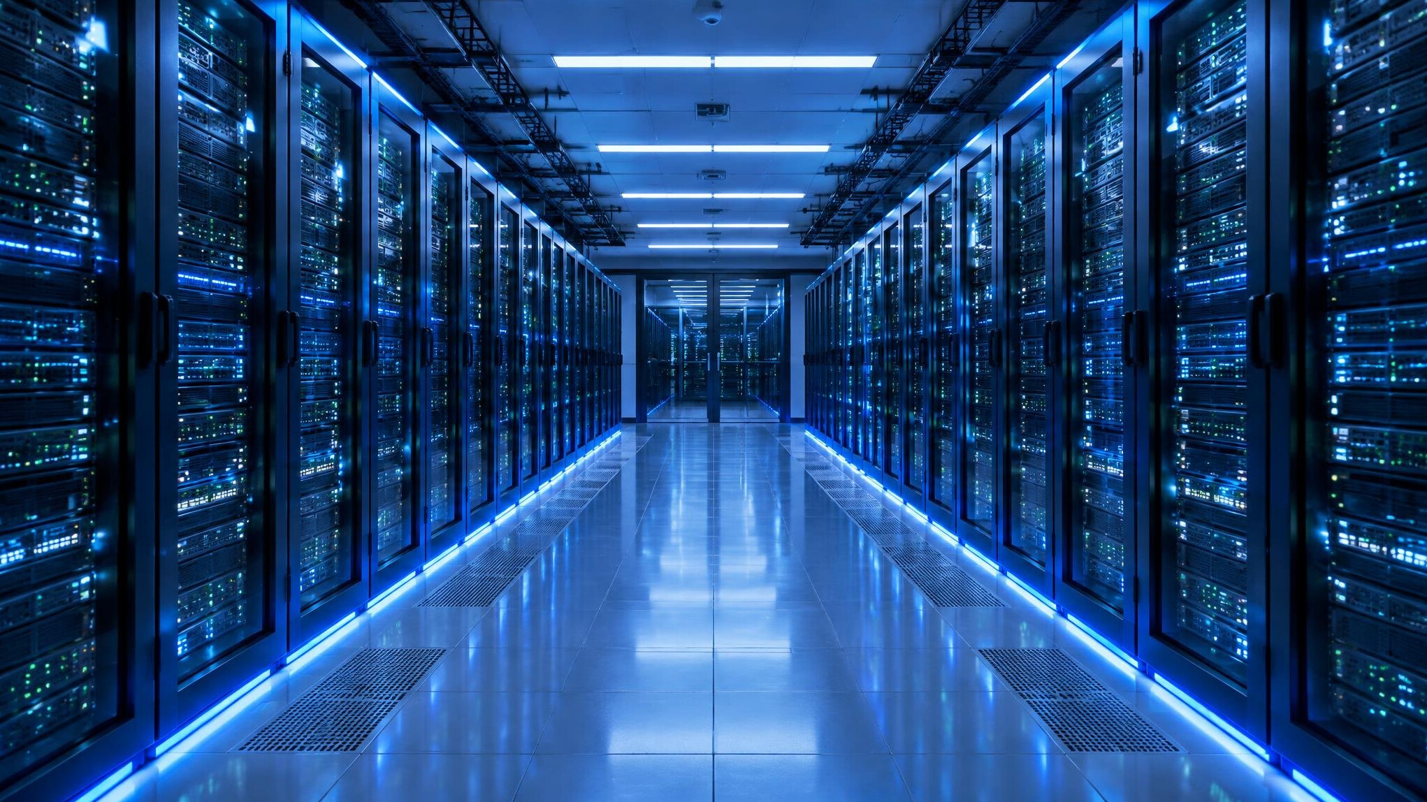 Server room with rows of illuminated data racks