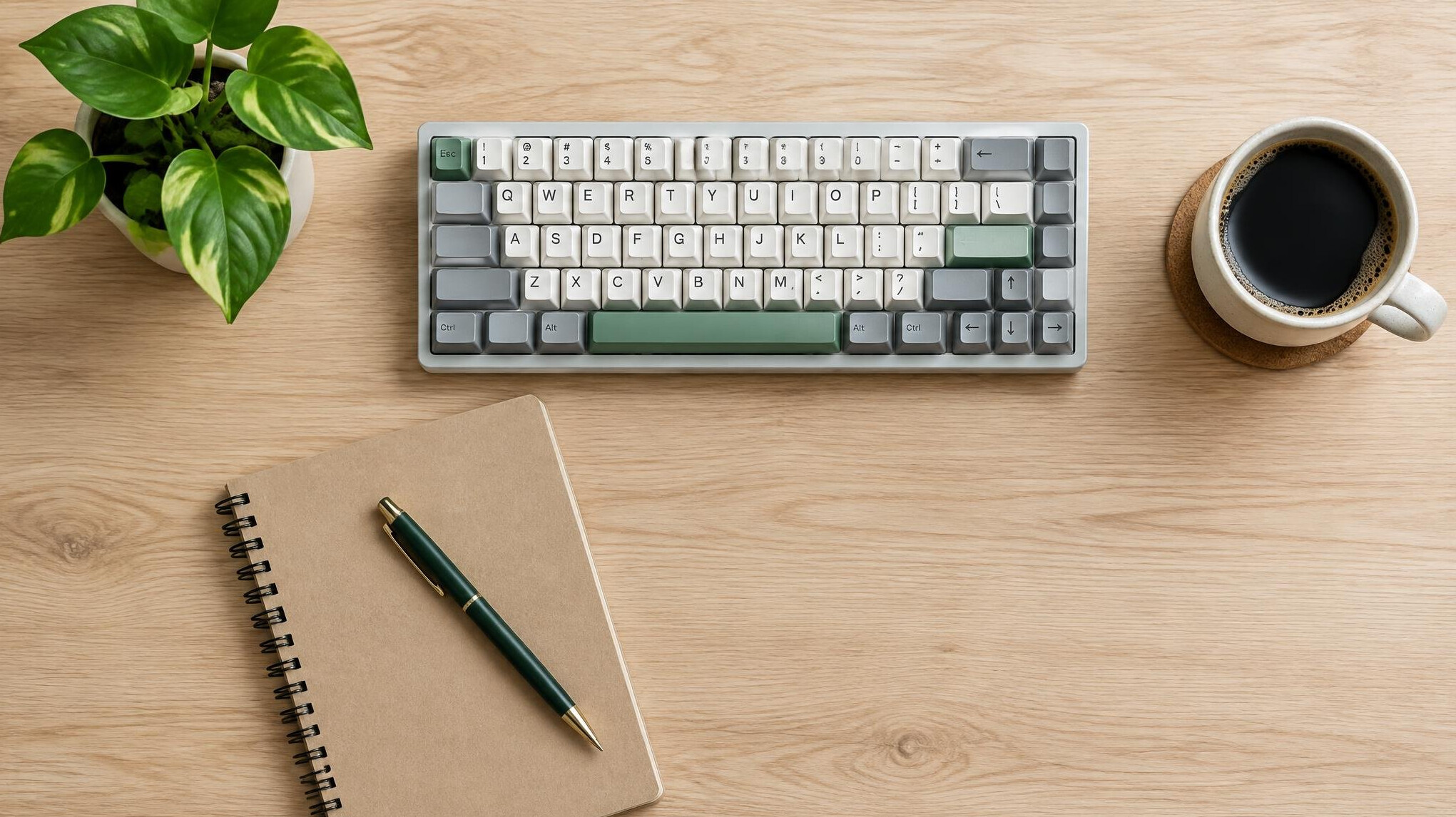 Flat lay of a keyboard, notebook and coffee on a desk
