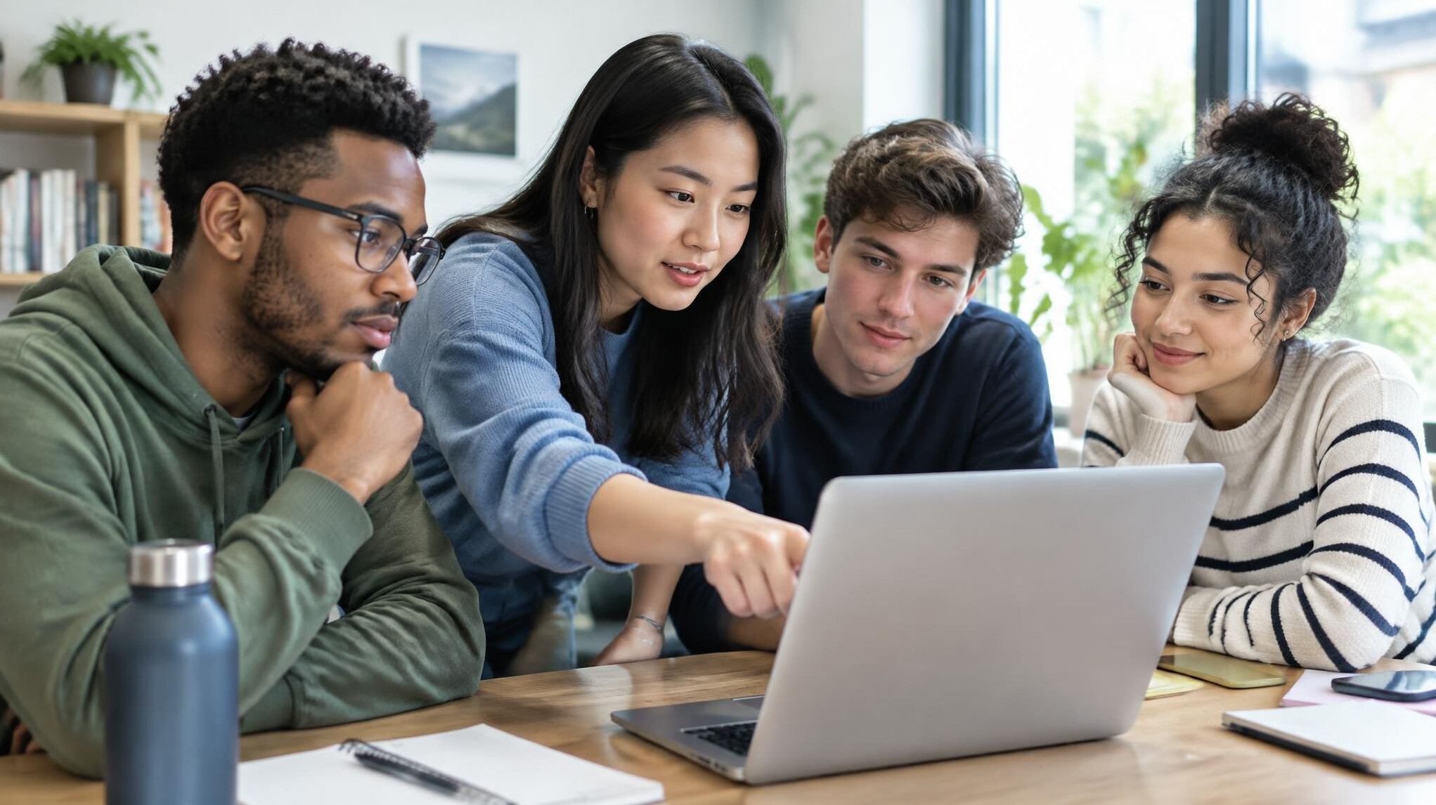 Group of young people learning together around a laptop