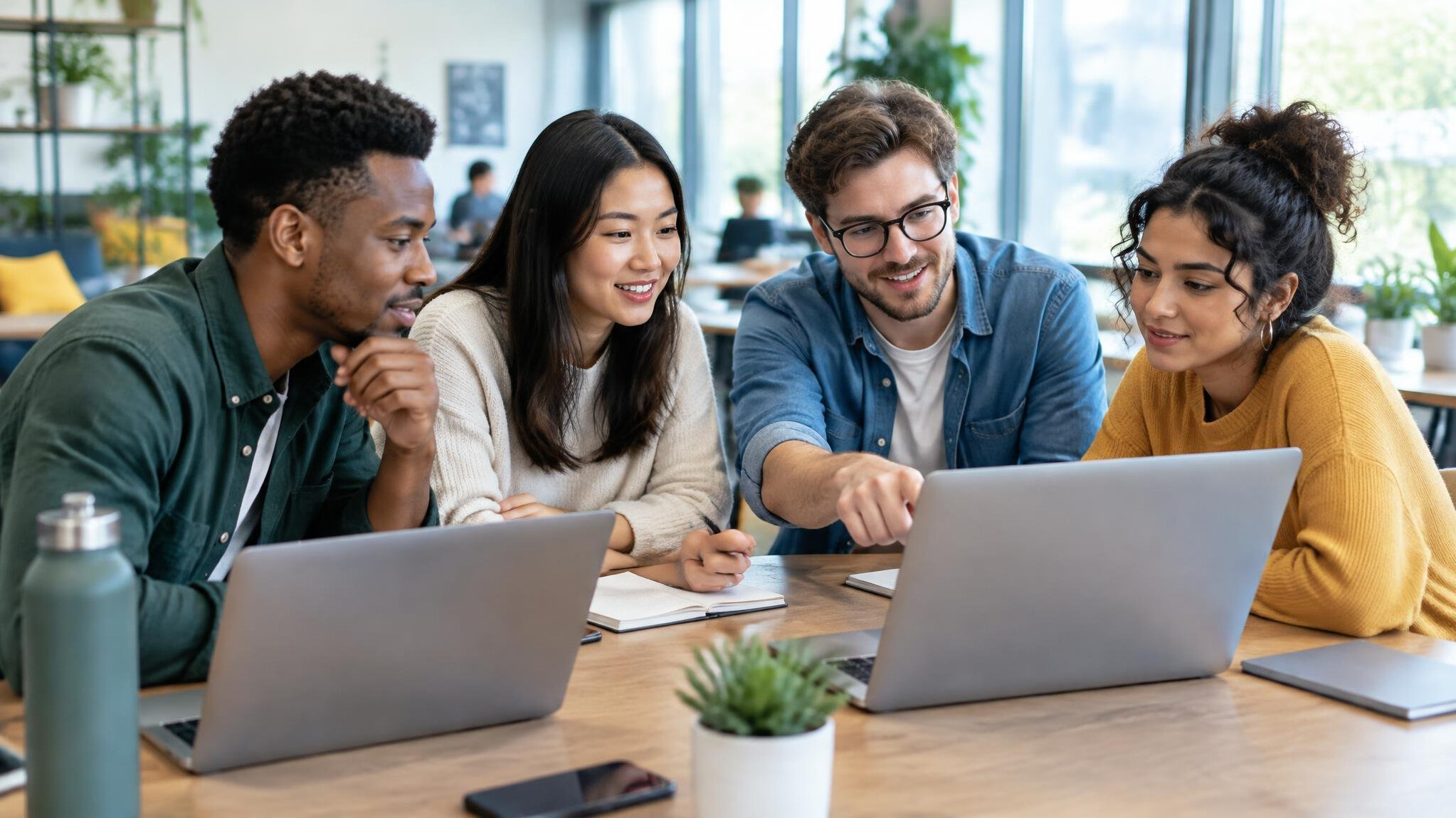 Group of people collaborating around a table with laptops
