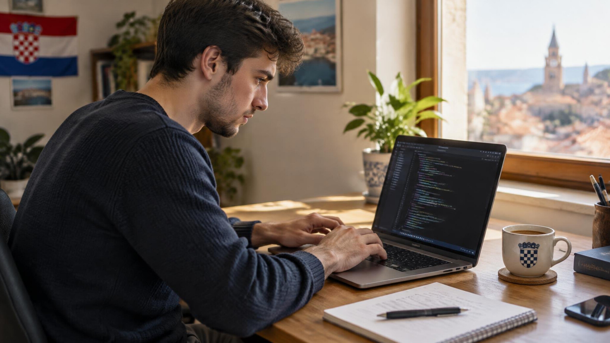 Young person writing code on a laptop at a desk